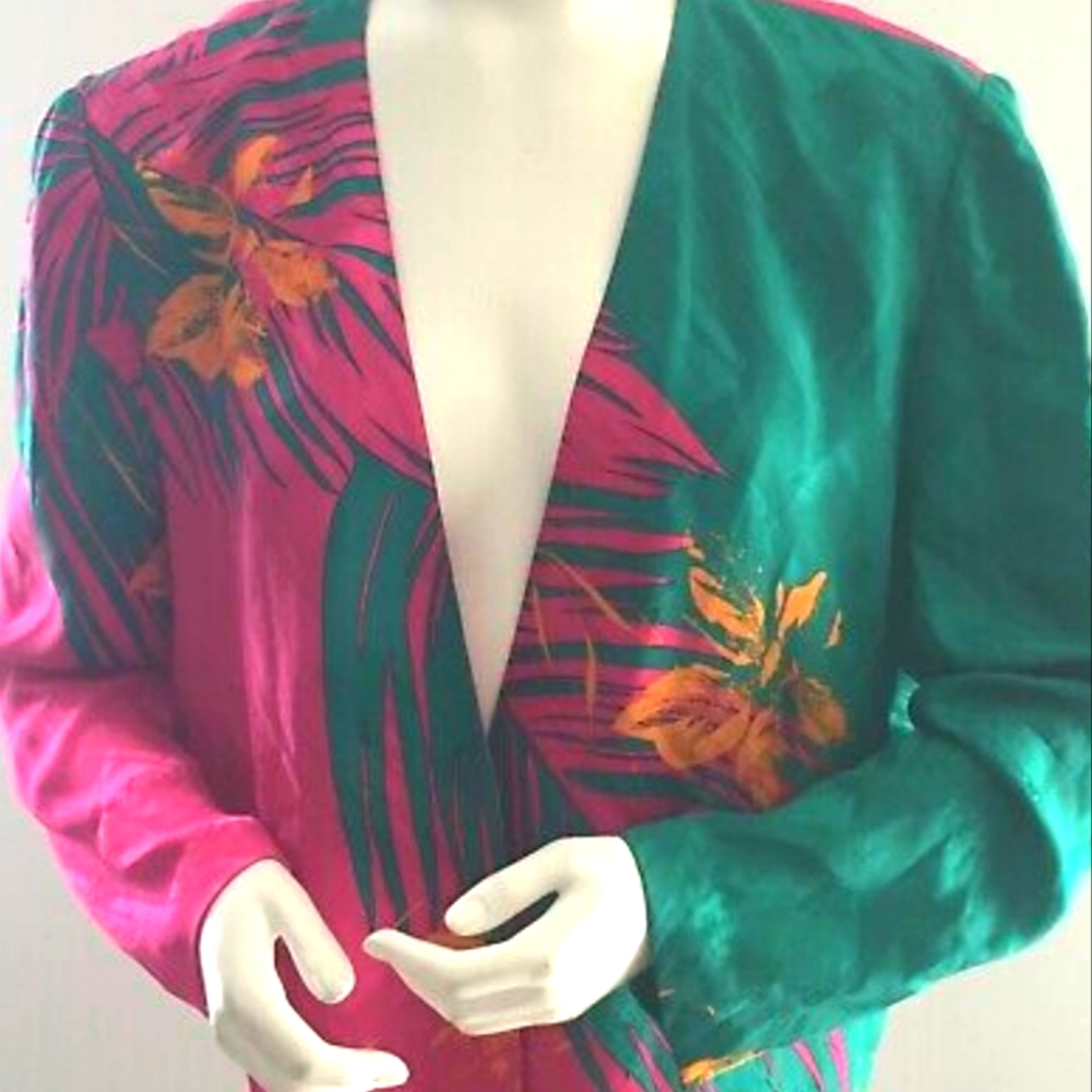 John Wang for Adrianna Papell 70s 80s Silk Teal Burgundy Sz 6 EUC Cardi Jacket